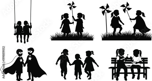 Silhouette illustrations of children playing and having fun together outdoors