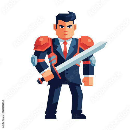 Business Warrior Holding Sword, Concept of Strength and Power in Corporate World