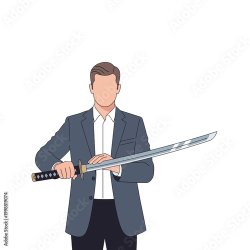 Businessman holding a katana sword, concept of strength, strategy, and business power