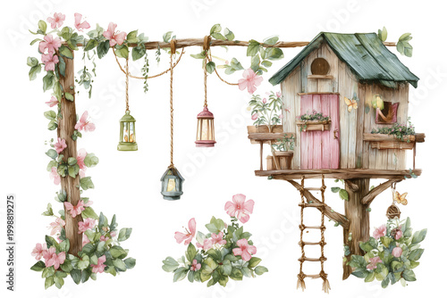Watercolor  Fairy hanging house with flowers, balcony, lanterns and rope ladder isolated on white background png