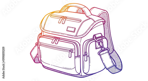 Hand-drawn sketch of a versatile camera bag with a gradient color overlay