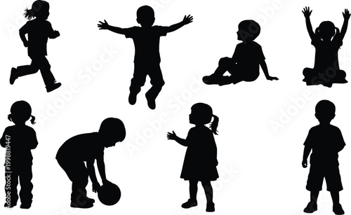 Silhouettes of children playing and having fun together outside