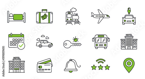 Travel and Accommodation Icons Set: Hotel, Transport, Booking, Luggage, Credit Card