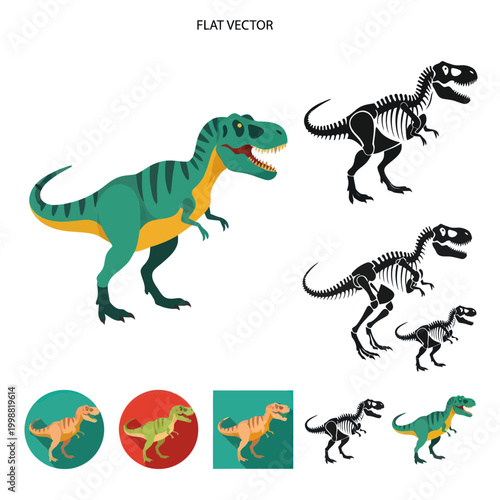 Tyrannosaurus Rex Dinosaur Collection: Flat Vector Icons and Illustrations