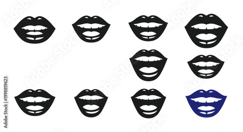 Unique blue lips icon among black lips, representing individuality and standing out.