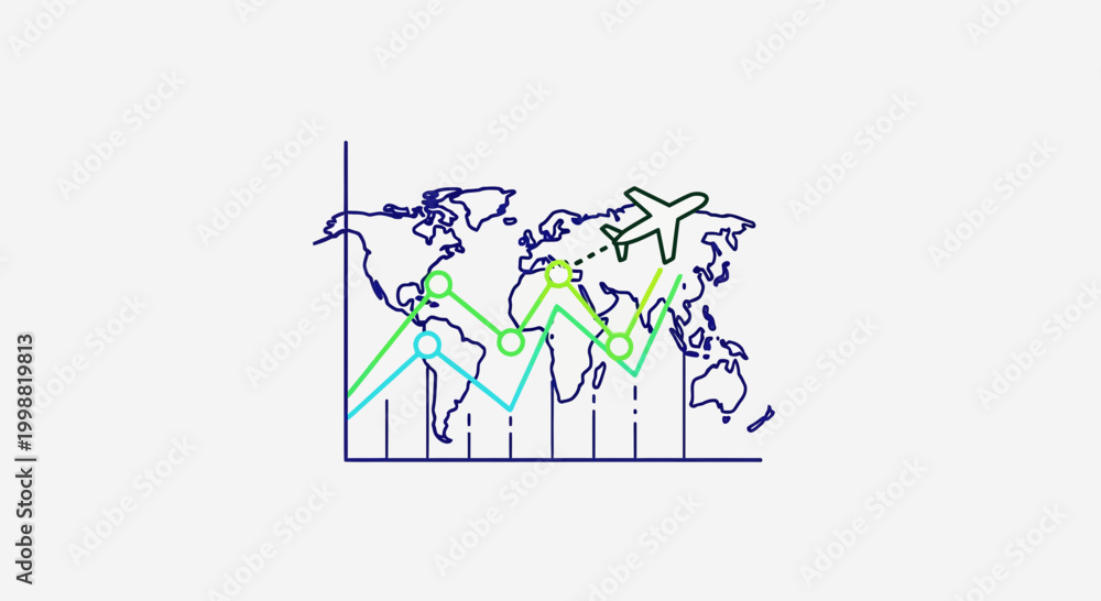 Fototapeta premium Global travel trends infographic with airplane and world map chart