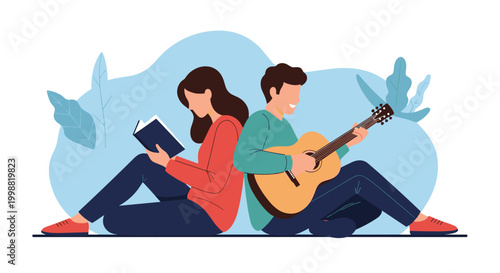 Young woman reading a book and man playing acoustic guitar sit back to back in a peaceful nature-inspired setting with blue abstract shapes.