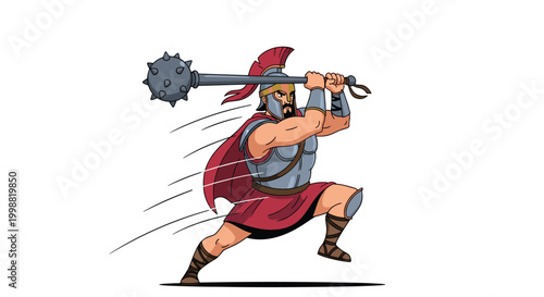 Brave ancient Roman warrior in full armor charging forward while swinging a large spiked mace over his head against a white background.