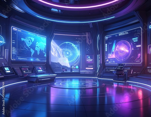 Neon futuristic surveillance room global interface high resolution wallpaper