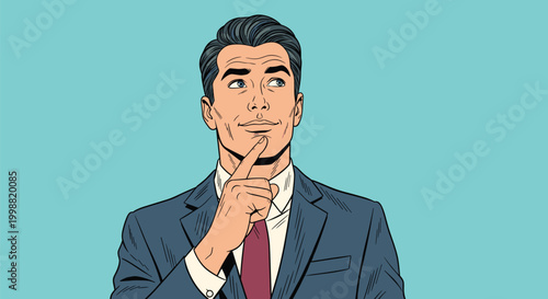 Thoughtful professional businessman in a blue suit with a finger on his chin looking up while thinking deeply against a solid blue background.