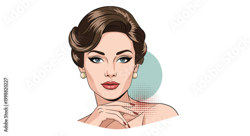 Close-up portrait of a stunningly beautiful and elegant woman with classic makeup and hair styling looking calmly at the viewer.