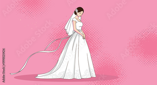 Beautiful elegant bride in a classic white wedding dress and long veil standing thoughtfully against a soft pink halftone background.