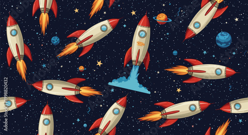 Seamless pattern featuring various colorful retro-style cartoon rockets, stars, and planets scattered in dark outer space.