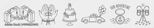 Wedding Adventure Icon Set with Honeymoon Luggage Cake Car and Compass Line Art Illustrations