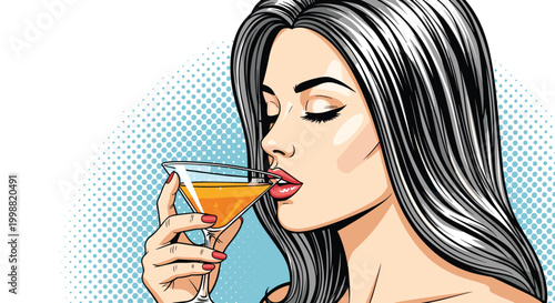 Close-up profile of a beautiful woman with long dark hair elegantly drinking an orange cocktail from a glass in a pop art style.