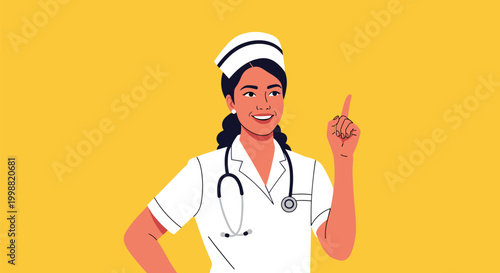 Friendly smiling female nurse in a white uniform and cap pointing her finger up for attention or advice against a yellow background.