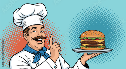 Smiling chef with a mustache and tall hat holding a delicious double cheeseburger on a silver tray and pointing up in pop art style.