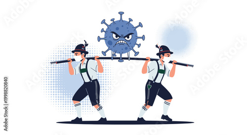 Two traditional German men in lederhosen wearing face masks and carrying a large angry coronavirus microbe on a pole as a metaphor.
