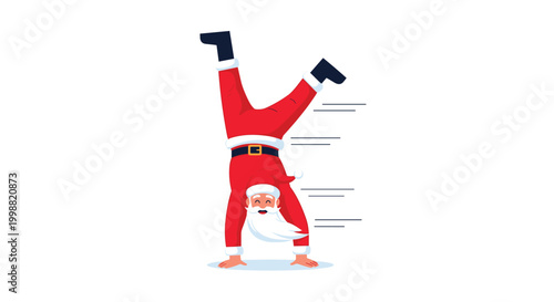 Cheerful santa claus in his red suit performing a handstand on a white background with motion lines suggesting a dynamic holiday dance.