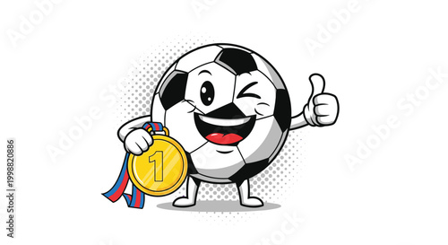 Happy soccer ball mascot with a winking face holding a gold first place medal and giving a thumbs up gesture against a dotted background.