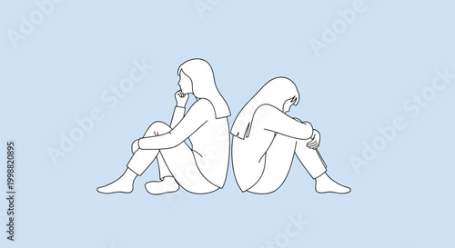 Two sad women sitting back to back in line art style expressing loneliness, depression, or a breakdown in their relationship or friendship.