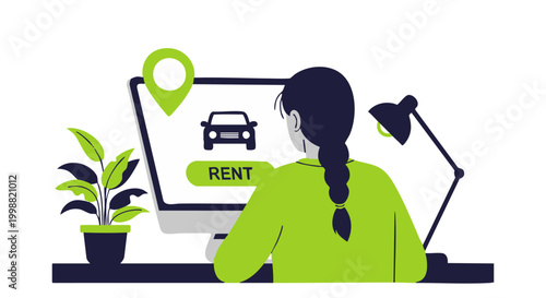 A woman using a vector graphic illustration of a computer screen to rent a car online.