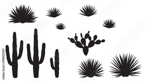Cactus silhouette set with black spiky leaves and desert plant shapes for minimalist vector design backgrounds