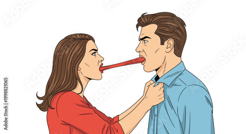 Angry man and woman in a heated argument with their tongues sticking out and touching in a surreal and metaphorical struggle of words.