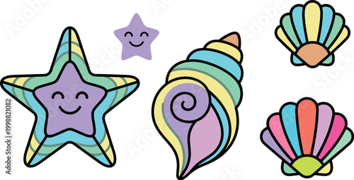 Cute Pastel Sea Life Icons Set with Starfish and Seashells