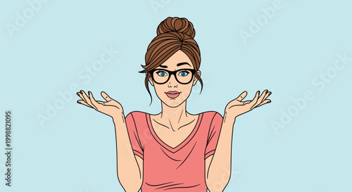 Confused woman with glasses and her hair in a bun shrugging her shoulders with palms up in a gesture of not knowing or uncertainty.