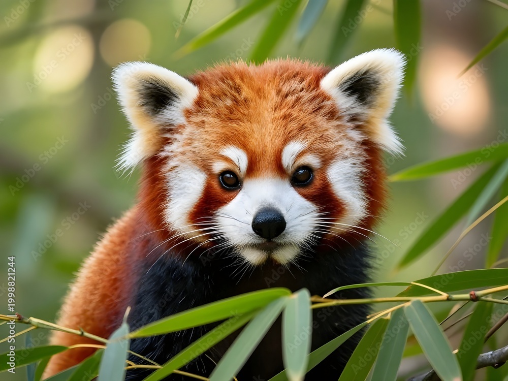 Obraz premium Macro portrait of a cute Red Panda peeking through green bamboo leaves in a sunlit forest