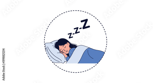 Young woman sleeping peacefully in her bed under a blue blanket with z-z-z symbols indicating deep sleep in a circular frame.