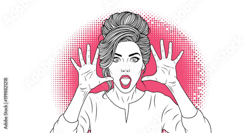 Surprised young woman with her hands near her face and mouth open in a shout or gasp of amazement against a red dotted background.