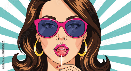 Close up portrait of a stylish woman wearing pink sunglasses and earrings while sucking on a red lollipop against a rays background.
