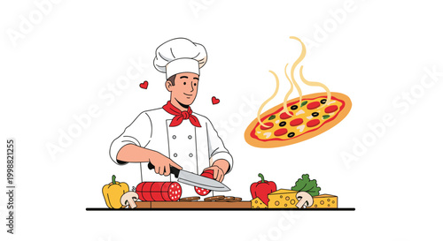 Professional chef in a white uniform cutting sausage and vegetables on a board with hearts and a floating pizza in the background.