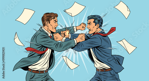 Two businessmen in suits engaged in a fist fight with papers flying around them on a blue sunburst background in pop art style.