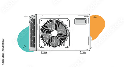 External unit of an air conditioner or heat pump with a large fan and cooling vents against a background of abstract colorful shapes.