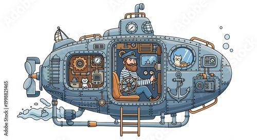 Detailed cross section of a steampunk submarine with a bearded captain, various gears, pipes, and cats in different compartments.
