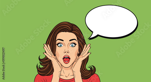 Surprised young woman with her hands on her cheeks and her mouth wide open in a gasp of amazement against a solid green background.