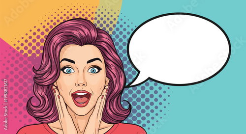 Surprised young woman with purple hair holding her face in shock with an empty white speech bubble next to her on a dotted background.