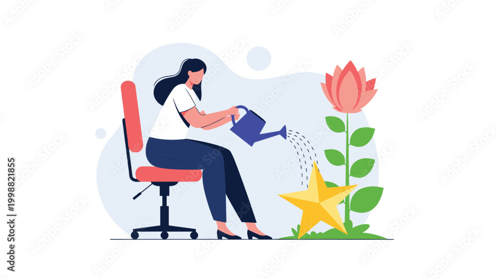 Fototapeta premium Dedicated professional woman watering a golden star to nurture corporate success and encourage professional growth.