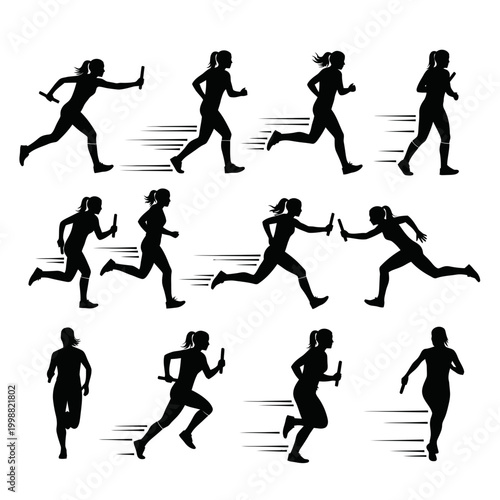 Female Runners Silhouette Set: Sprinting, Relay Race, Track and Field
