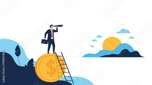 Professional with a telescope stands on a large gold coin and looks toward a sunrise for future financial planning.