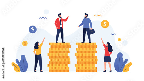 Two businessmen stand on uneven stacks of coins while people point at the difference in their financial success.