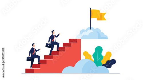 Two corporate professionals climb a red staircase toward a gold flag on a cloud to reach their career goals together.