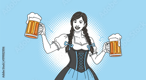 Happy woman wearing a traditional dirndl dress and braids holding up two large frothy beer mugs in each hand on a blue background.