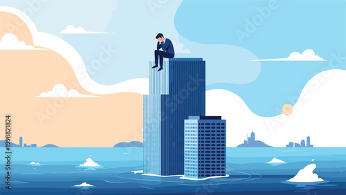 Lonely man in a suit sits on top of a skyscraper partially submerged in water to represent a global climate crisis.