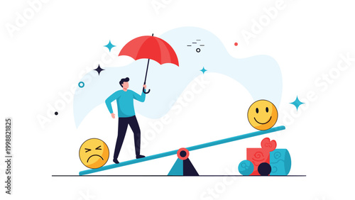 Man with a red umbrella balances on a see-saw between a sad face and a happy face for emotional stability.
