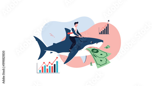 Businessman rides a giant shark that is eating green banknotes to represent high-risk and aggressive investing.