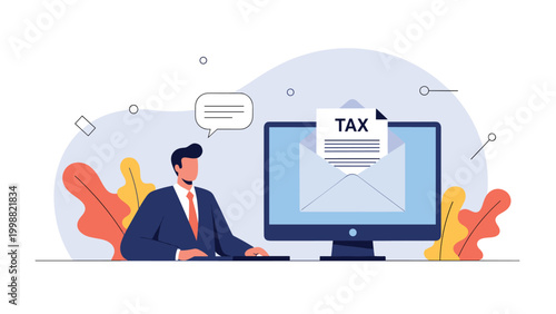 Corporate professional working on a computer where a giant tax envelope appears on the screen symbolizing digital taxation and filing.